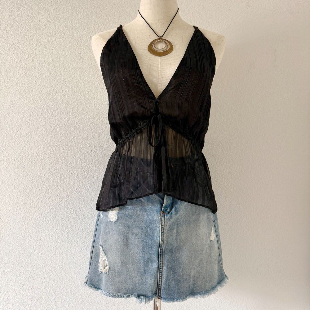 Express Black Babydoll Silky Open Front Halter Sheer Blouse Whimsy Fairy Y2K L